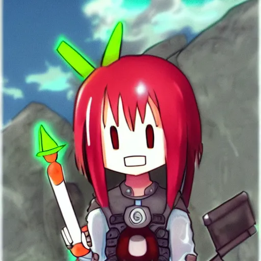 Image similar to cute android with tomato head and a carrot sword, made in abyss style