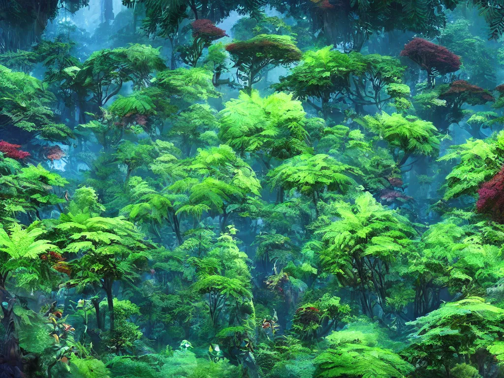 Image similar to a beautiful otherworldly fantasy landscape of dense lush ferns and evergreen trees in hyper detail like the pacific northwest, vivid glowing colors, extreme detail, studio ghibli and pixar and abzu, rendering, cryengine, deep colors, aerial perspective, epic scale, vray render, cgsociety