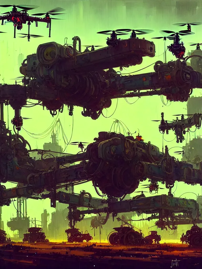 Image similar to dieselpunk concept art of a mechanised farm with drones and mechas working on it, grimy, gritty, dieselpunk trending on artstation, award winning painting, cgi, art by john berkey and anton fadeev and john howe and simon stalenhag