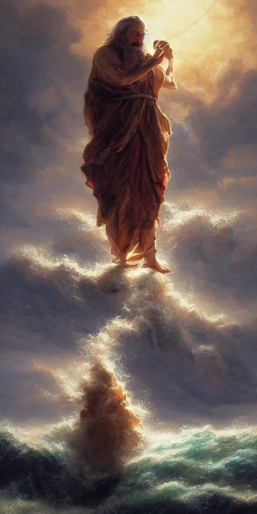 Image similar to biblical moses, brown wavy hair, cane in the air, ocean splitting in 2, beautiful composition, wide angle, colorful, cinematic, volumetric lighting, intricate details painting, by art germ, by greg rutkowski