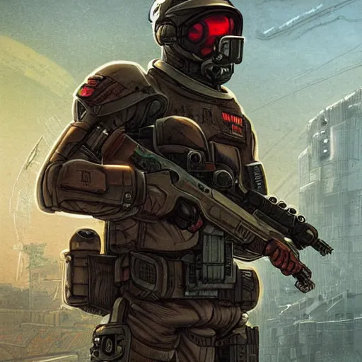 Image similar to a cyberpunk soldier with tactical gear and a rifle on mars, Industrial Scifi, detailed illustration, character portrait, by Martin Grip and Moebius