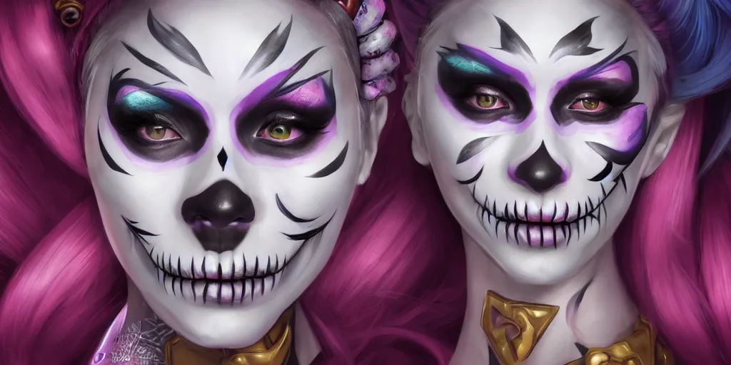 Image similar to uhd portrait photography mirror of jinx from league of legends with her face painted as in the dia de los muertos, coherent portraits, mmorpg fantasy, intricate, elegant, highly detailed, digital painting, trending on artstation, hdr photo, smooth, sharp focus, illustration, art by artgerm and greg rutkowski and alphonse mucha