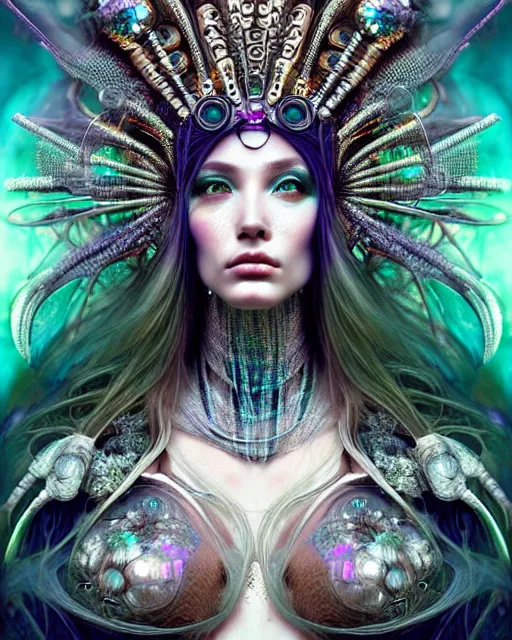 Image similar to hyperrealistic detailed portrait of a beautiful goddess in a cyber headdress, intricate cyberpunk make - up, art by android jones, ernst haeckel, nekro borja, alphonso mucha, h. r. giger, ornamental gothic - cyberpunk,