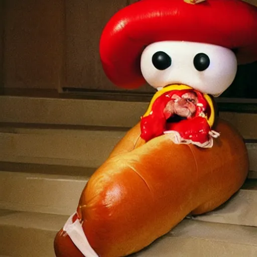 Image similar to A World Press Photo Award winning photograph of mr. Bean dressed as a hotdog