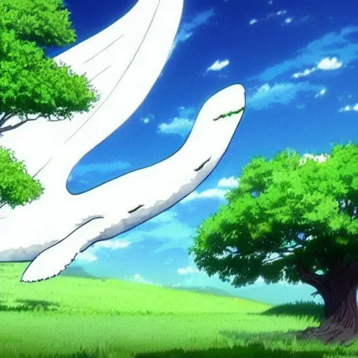 Image similar to white whale flying near giant tree in the green field, anime, HD,