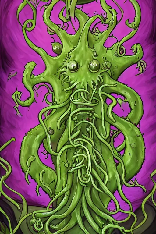 Image similar to flesh eating plant eldritch horror cthulhu, concept art, digital art, tarot card