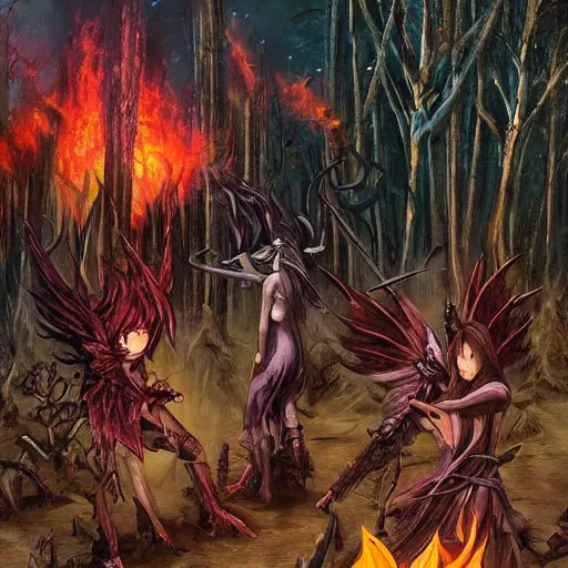 Image similar to a battle between the demon warriors and mages of hell and the angels of heaven in a magical forest. Parts of the forest is burned with charred trees. Lots of holy and damned magic is used