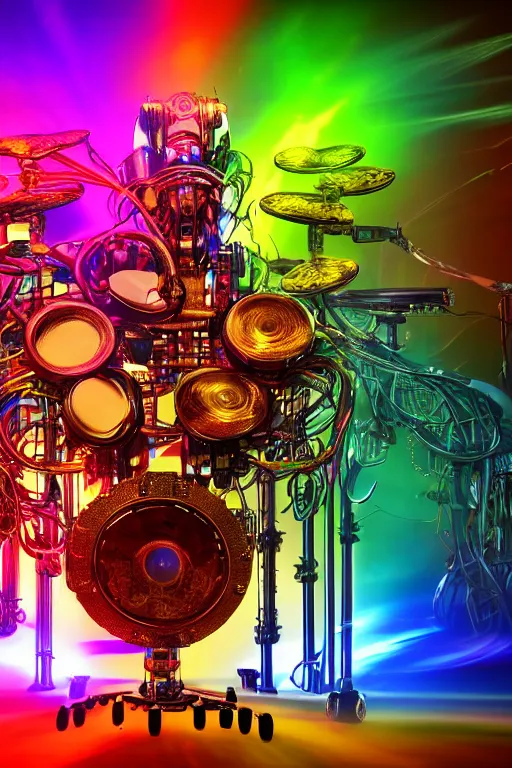 Image similar to portrait photo of a giant huge golden and blue metal futuristic humanoid steampunk robot drummer covered with multicolored big gears and tubes, a huge red drumset, eyes are glowing red lightbulbs, shiny crisp finish, 3 d render, 8 k, insaneley detailed, fluorescent colors, background is multicolored lasershow