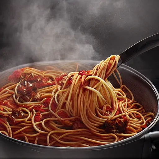 Prompt: spaghetti come out of a pan monster, hyperrealistic, detailed, cinematic, photorealism, epic