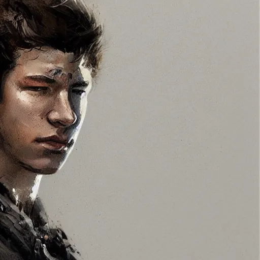 Image similar to portrait of a man by greg rutkowski, he looks like tye sheridan, he is about 2 0 years old, messy brown hair, tired eyes, he is wearing a black and white keblar superhero suit, highly detailed portrait, digital painting, artstation, concept art, smooth, sharp foccus ilustration, artstation hq