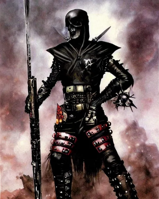 Image similar to portrait of a skinny punk goth soldier wearing armor by simon bisley, john blance, frank frazetta, fantasy, sorceror