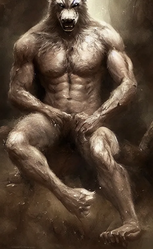 Image similar to Portrait of a rugged werewolf sitting down, male, muscular, detailed face, bare thighs!!!, simple clothing!!!!!, fantasy, medieval, highly detailed, cinematic lighting, digital art painting by greg rutkowski