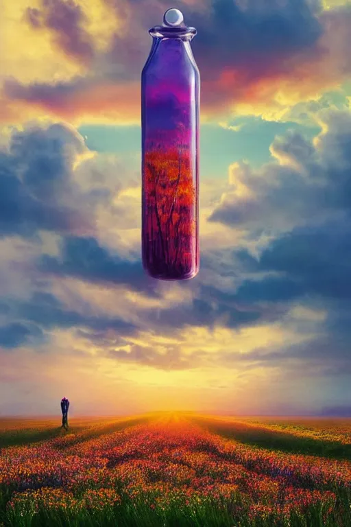 Image similar to giant perfume bottle in flower field, surreal photography, sunrise, dramatic light, impressionist painting, colorful clouds, digital painting, artstation, simon stalenhag