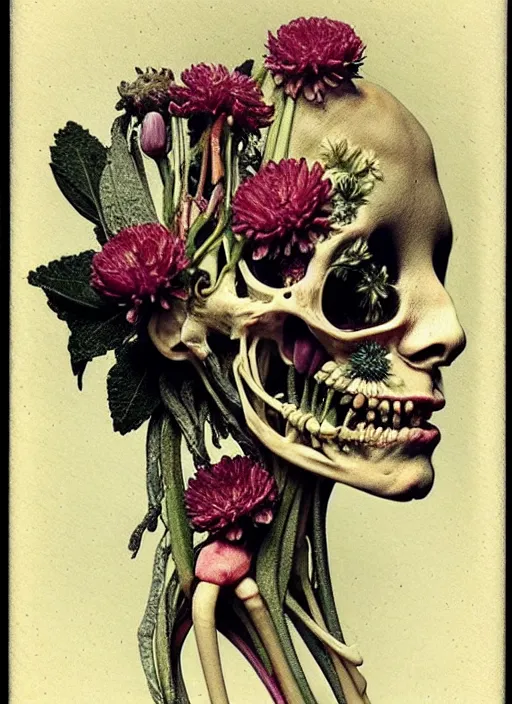 Prompt: beautiful and detailed rotten woman made of plants and many types of stylized flowers like carnation, chrysanthemum and tulips, anatomically, anatomica, intricate, organs, ornate, surreal, john constable, guy denning, gustave courbet, caravaggio, romero ressendi 1 9 1 0 polaroid photo