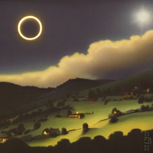 Prompt: dark solar eclipse, above a village, highly detailed, studio 4 k quality, by louise dahl - wolfe