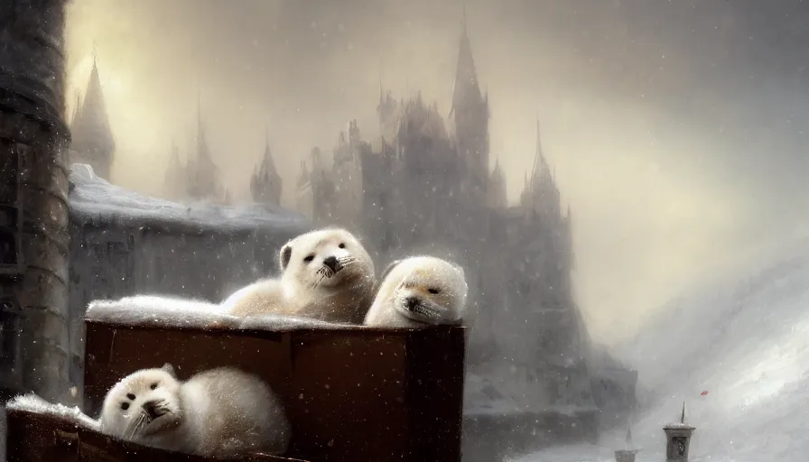 Image similar to highly detailed painting of cute furry white baby seals cuddled up in a cardboard box in a snowy cloudy sky castle by william turner, by greg rutkowski, by william constable, by greg tocchini, thick brush strokes and visible paint layers, 4 k resolution, retrowave colour scheme