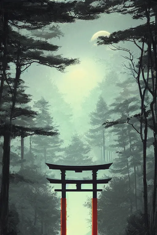 Image similar to Japanese Torii in the center of the picture , torii in a moutain with trees ,night , by Grzegorz Rutkowski, concept art