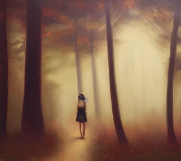 Image similar to a girl wandering in a dark forest, dim lighting, oil painting, scary atmosphere