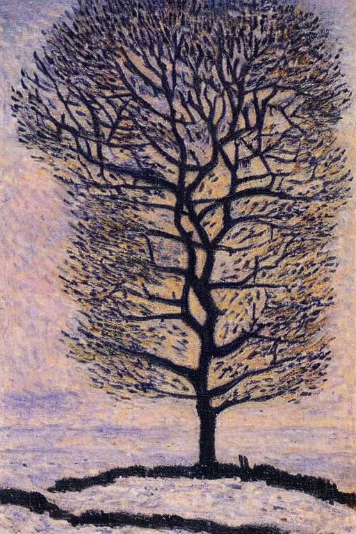 Image similar to still life oil painting of a huge tree on a barren winter landscape soft edges, medium saturation, high contrast, gustave loiseau