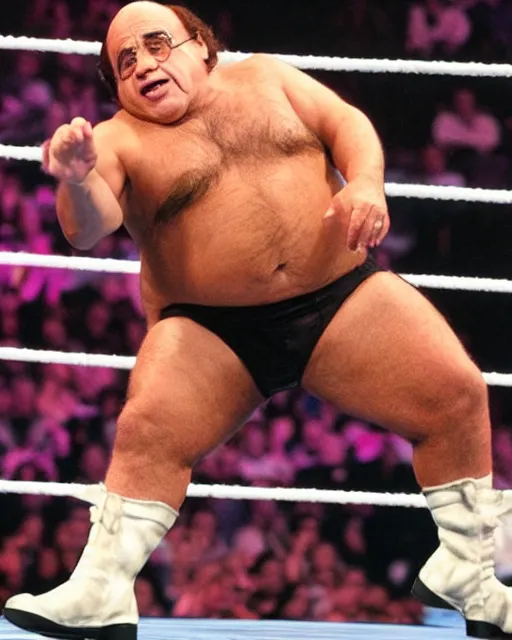 Image similar to danny devito as a wwe wrestler. photographic, photography