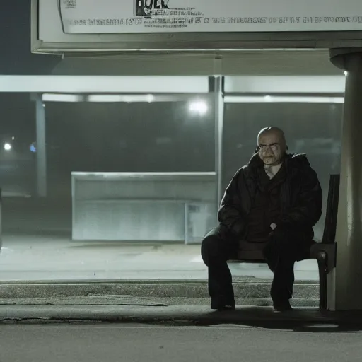 Prompt: a some people waiting in a lone bus stop in quiet dark city in Breaking Bad series