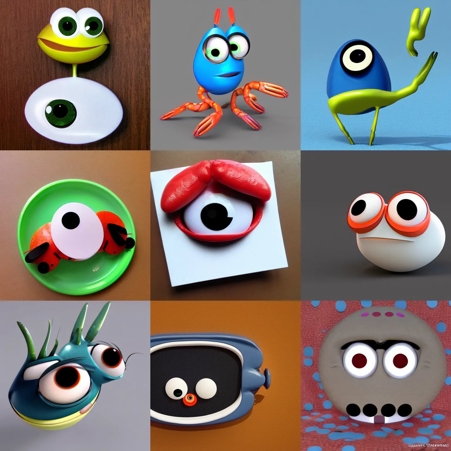 Prompt: shrimp character with googly eyes, 3 d, style of pixar