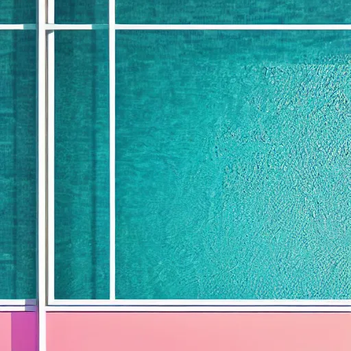 Image similar to a sunlit indoor lounge area with a pool with clear water and another pool with translucent pastel pink water, next to a big window, digital art