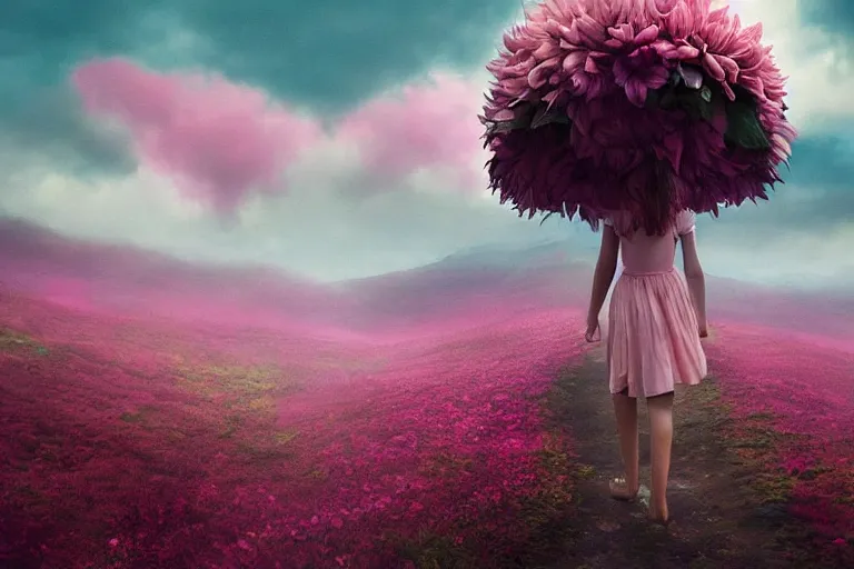 Image similar to giant dahlia flower crown head, young girl walking on mountain, surreal photography, pink storm clouds, dramatic light, impressionist painting, digital painting, artstation, simon stalenhag