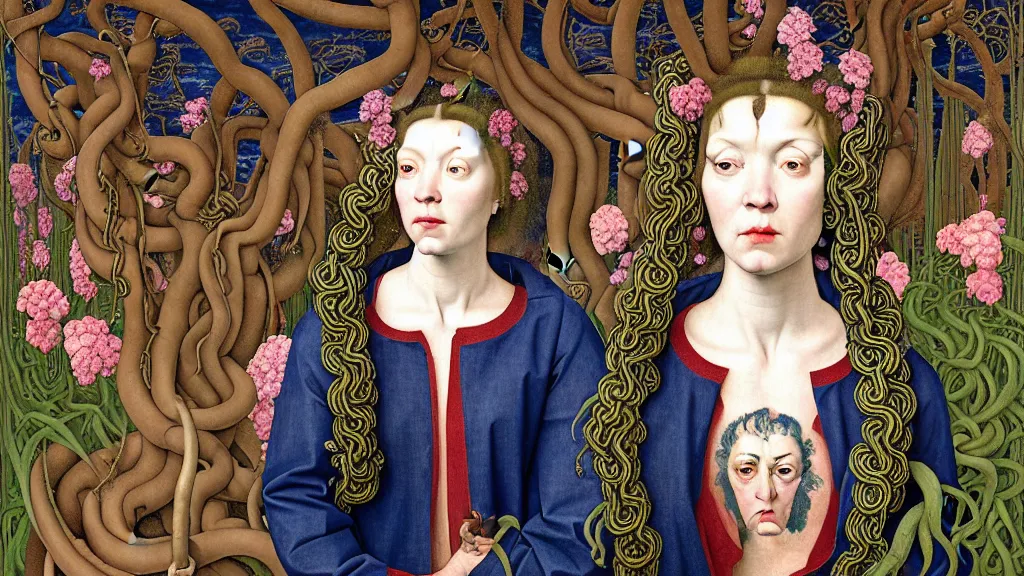 Image similar to portrait of medusa, wearing a jeans jackets, a high collar t - shirt and baggy jeans, in the style of rogier van der weyden and jacopo da pontormo, standing in a botanical garden full of serpents and luxuriant flowers, bjork aesthetic, masterpiece, cyberpunk, asian art, intricate details, highly detailed