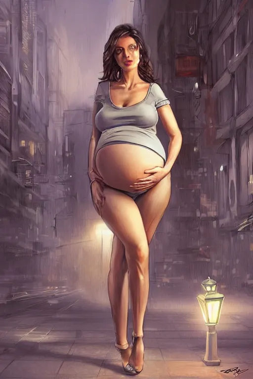 Image similar to pregnant woman under street light, highly detailed, sharp focused, ultra realistic digital concept art by Stanley Artgerm