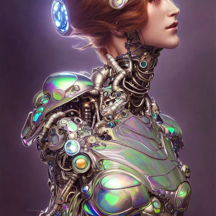 Prompt: organic cyborg, iridescent bettle, diffuse lighting, fantasy, intricate, elegant, highly detailed, lifelike, photorealistic, digital painting, artstation, illustration, concept art, smooth, sharp focus, art by john collier and albert aublet and krenz cushart and artem demura and alphonse mucha