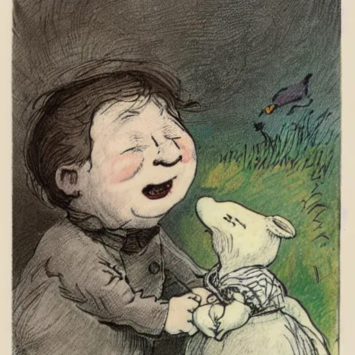 Image similar to candid portrait of white ball with face smiling eyes closed, surrounded by clouds, illustrated by peggy fortnum and beatrix potter and sir john tenniel