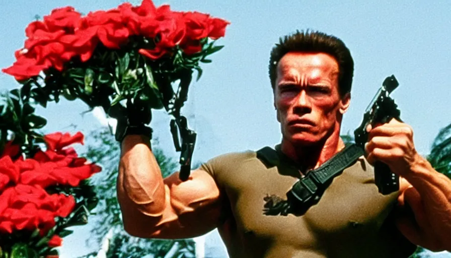 Image similar to big budget action movie where arnold schwarzenegger is a florist.