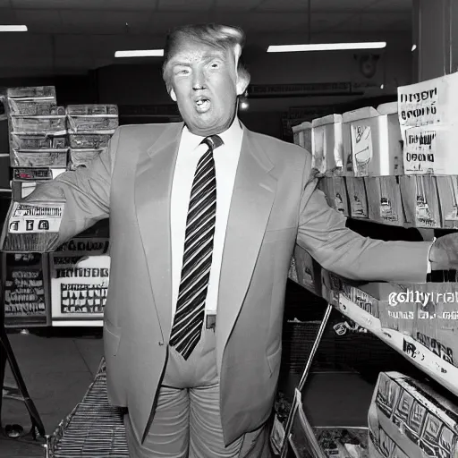 Prompt: Donald Trump working at Kmart in the 1980s black and white photo movie still