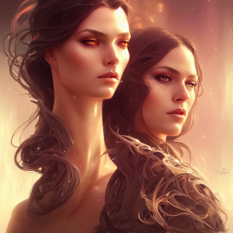 Image similar to futuristic woman portrait, sci-fi, amber eyes, face, long hair, fantasy, intricate, elegant, highly detailed, digital painting, artstation, concept art, smooth, sharp focus, illustration, art by artgerm and greg rutkowski and alphonse mucha