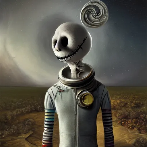 Image similar to michal karcz surrealism grunge Pastel painting of the end of an astronaut happy in the galaxy. , in the style of jack skellington, in the style of a clown, loony toons style, horror theme, detailed, elegant, intricate, 4k, Renaissance painting