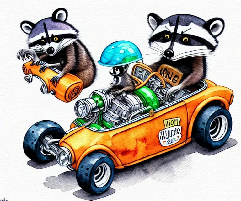 Image similar to cute and funny, racoon wearing a helmet riding in a tiny hot rod with oversized engine, ratfink style by ed roth, centered award winning watercolor pen illustration, isometric illustration by chihiro iwasaki, edited by range murata, tiny details by artgerm and watercolor girl, symmetrically isometrically centered, focused