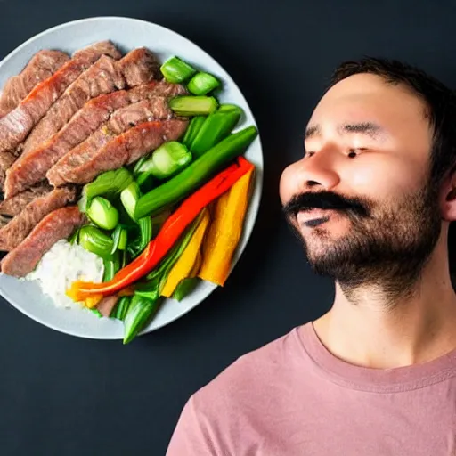 Prompt: anonymous man with face covered in stirfry pork