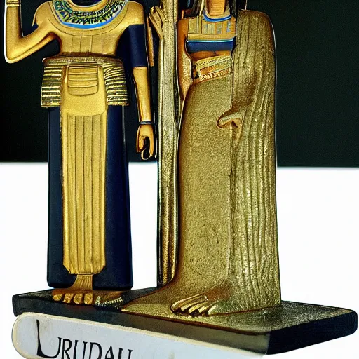 Image similar to donald and melania trump as egyptian pharaoh and queen, elegant, majestic, powerful, pyramids, anunaki, hieroglyphs, lush, rainforest, river, green, river god, wilbur smith, gold, trump tower