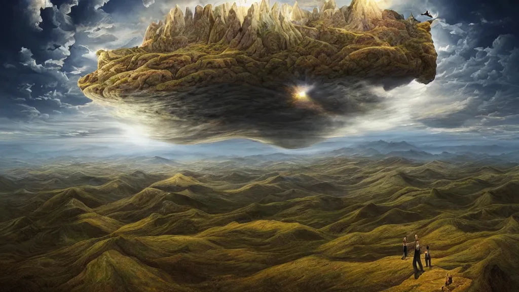 Prompt: surreal landscape with anthropomorphic!!! terrain!!! in the styles of igor morski, jim warren, and rob gonsalves, intricate, hyperrealistic, volumetric lighting, big sky, distinct horizon