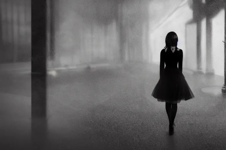 Prompt: a woman in a black dress and thigh highs walking in a dark soviet city, digital art, beautiful face, atmospheric, volumetric, by wlop, composition, 4 k