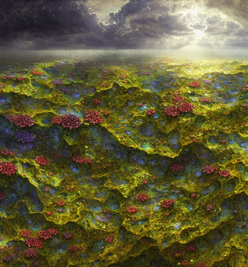 Image similar to detailed fractal tectonic landscape, in a vast wildflower garden landscape that meets the ocean, by glenn small, by albert bierstadt, photorealism, hyper realism, octane render, unreal engine, volumetric light, depth of field, volumetric clouds, god rays, lens flares, detailed, intricate, twin motion, megascan, high resolution, realistic render