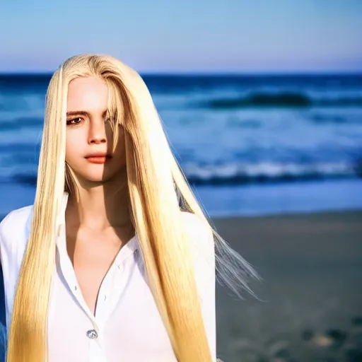 Prompt: a woman standing at the beach with long blonde hair, straight hair, white clothes, professional, photograph, highly detailed, beautiful face, elegant, 4k, photorealistic, dramatic lighting, trending on social media,