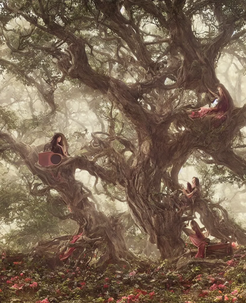 Image similar to woman playing a piano sitting on a giant tree, very detailed, 8k, maximized, ornate, masterpiece, complex, by Greg rutkowski, Alex Gray, surrounded by smoke