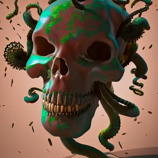 Image similar to a human Skull mutating into flowers, tentacles, unnatural shapes, jellyfish tentacles reaching out, coherent human Skull, insect, chaotic octane render, 3d digital art by beeple, unreal engine 5, award winning,