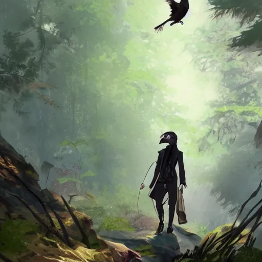 Image similar to concept art painting of a person with a head of a crow, with steampunk clothes, in the deep forest, realistic, detailed, cel shaded, in the style of makoto shinkai and greg rutkowski and james gurney