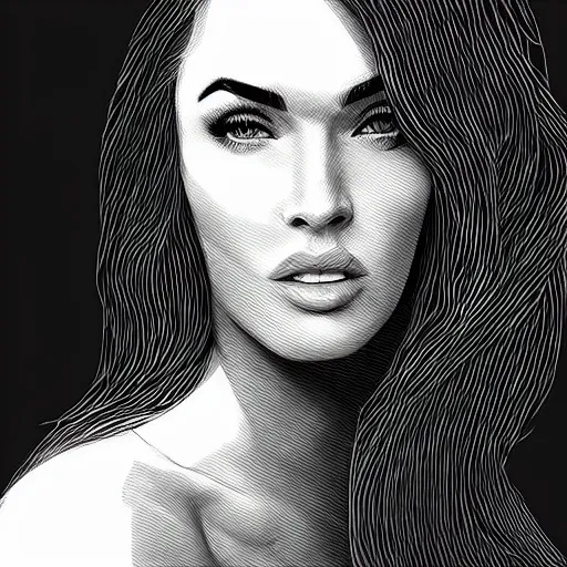 Image similar to “Megan Fox, portrait!!! Portrait based on doodles, scribbled lines, sketch by Liz Y Ahmet, monochrome, concept Art, million lines, white background, ultra detailed portrait, 4k resolution”