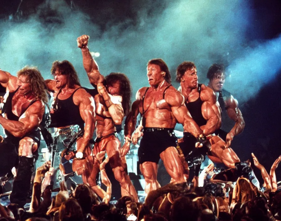 Image similar to colour photo off arnold schwarzenegger, sylvester stallone, dolph lundgren, Chuck Norris and Jean-Claude Van Damme in a heavy metal band, playing guitars, drums, on stage at monsters of rock 1992, pyrotechnics, smoke, vivid colors, daylight, photo real, 28mm, press photograph, wide view, Eastman EXR 50D 5245/7245