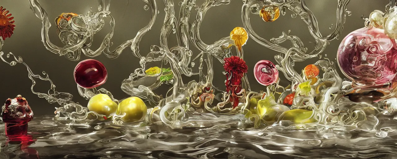 Image similar to ultradetailed photorealistic still life with jelly flowers by ernst haeckel, caravaggio, roger dean and andrei tarkovsky, slime and tentacles, wide angle, minimalistic cinematic composition, octane render, bokeh, unreal engine, 4k, 3d render