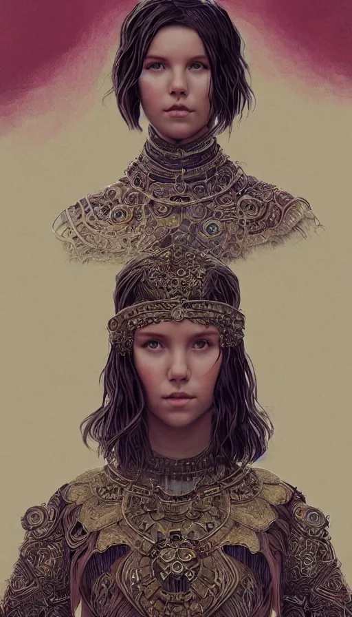 Image similar to girl millie bobby brown, mongolian shaman clothing, ritual, fame of thrones, fibonacci, sweat drops, intricate fashion clothing, insane, intricate, highly detailed, surrealistic, digital painting, artstation, concept art, smooth, sharp focus, illustration, unreal engine 5, 8 k, art by artgerm and greg rutkowski and alphonse mucha